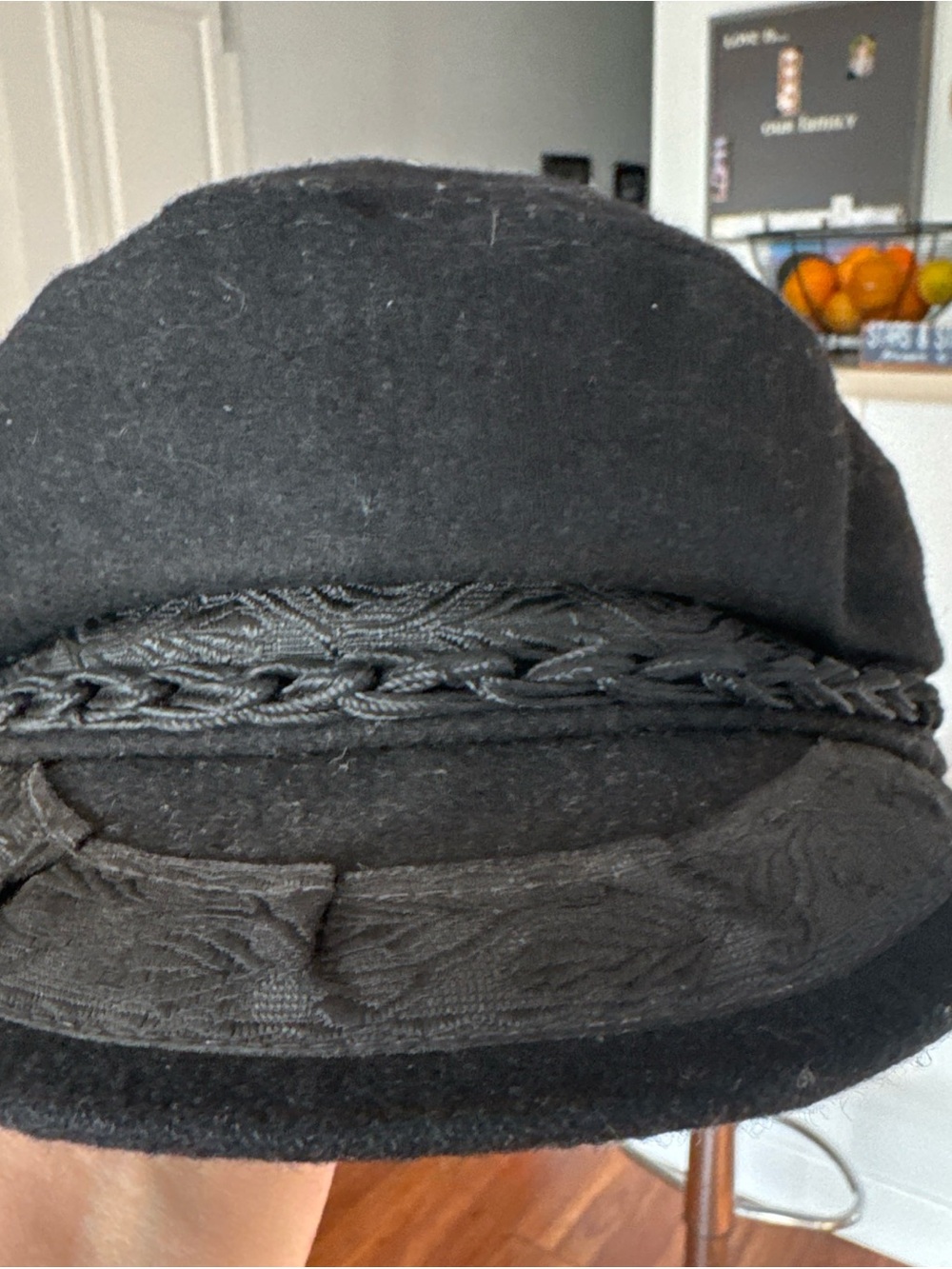 Womens Black Braided-Trim Wool Cloche Hat